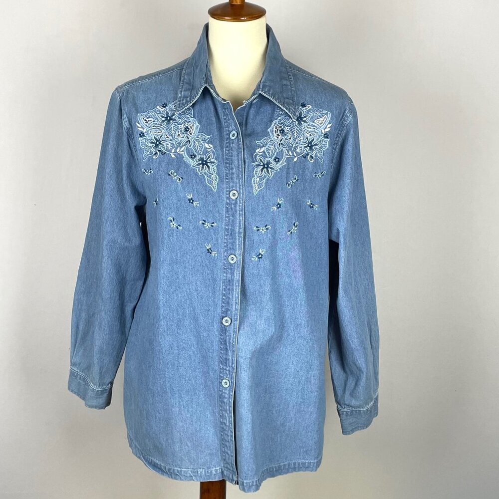 Vtg Passion-I Denim Top Sz L Floral Embroidery Cottagecore Country Western